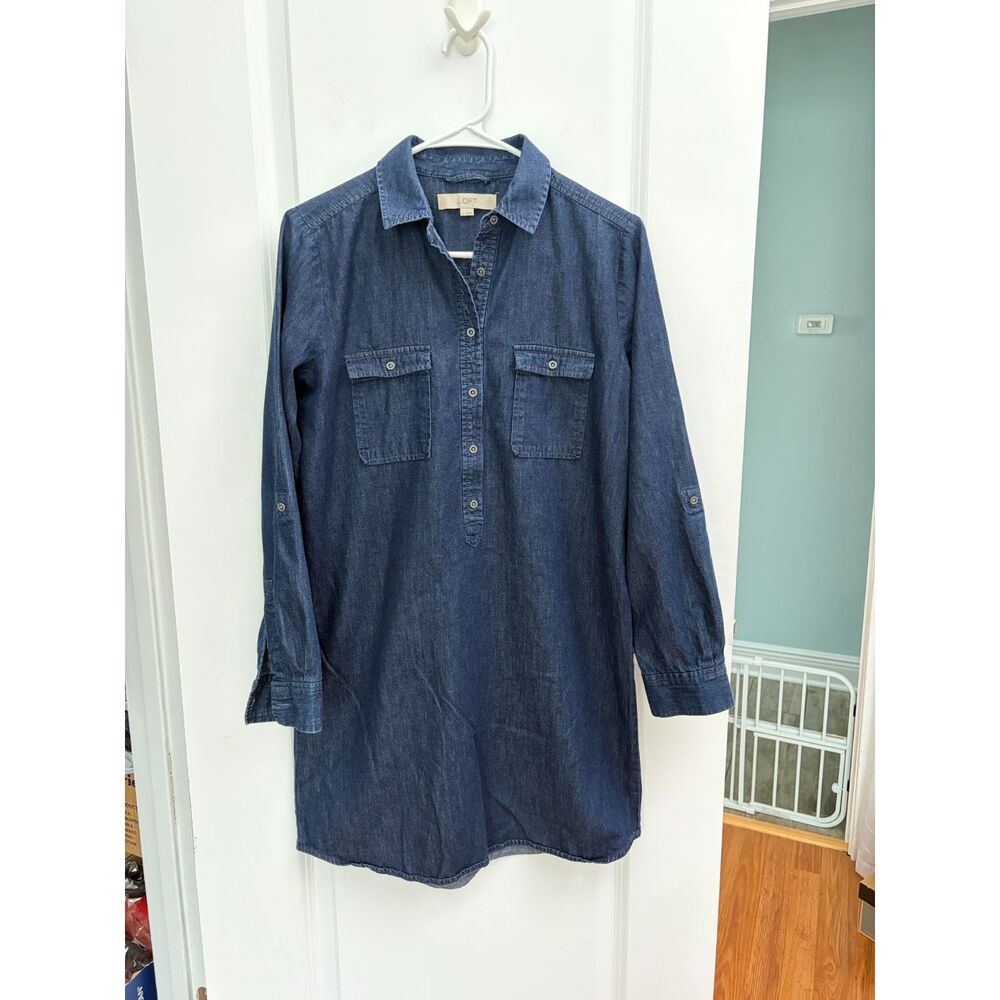 Loft Womens S Dark Wash Denim Cotton Silk Roll Tab Sleeve Shirt Dress Coastal